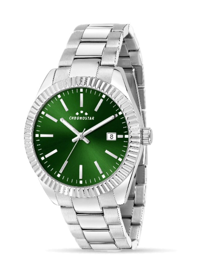 Chronostar Men's Green Round Analog Dial with Silver Stainless Steel Band Watch - 41mm - R3753312010 - Image 1