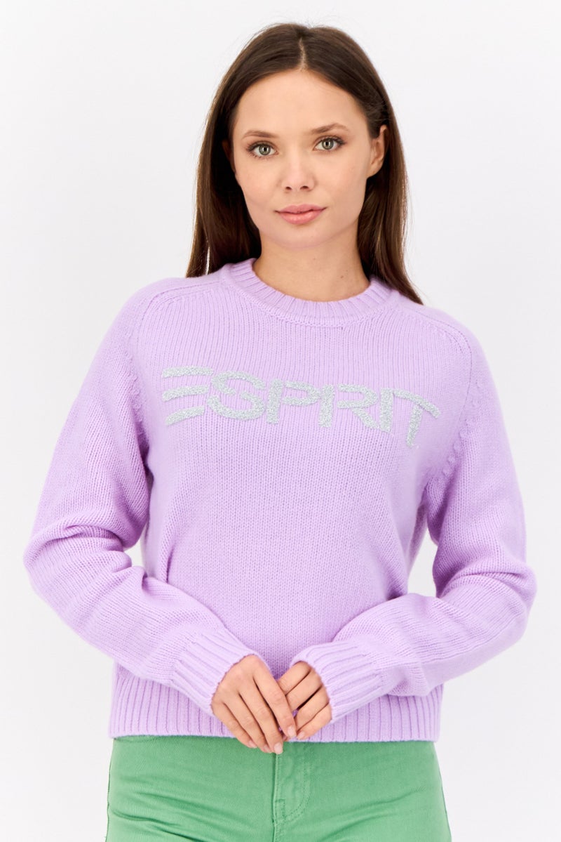 ESPRIT Women Ribbed Collar Embroidered Logo Sweaters, Lavender - Image 1