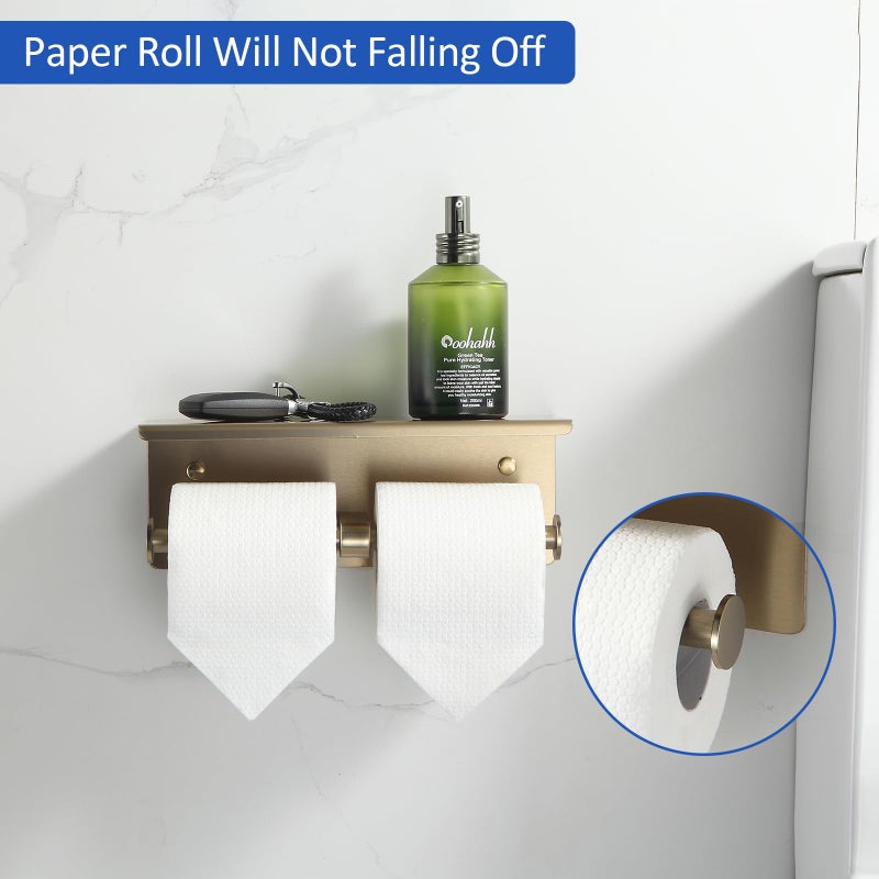 BGL Toilet Paper Holder with Shelf Matte Brushed Gold Double Head Toilet Tissue Roll Holder 304 Stainless Steel Wall Mount for Bathroom
