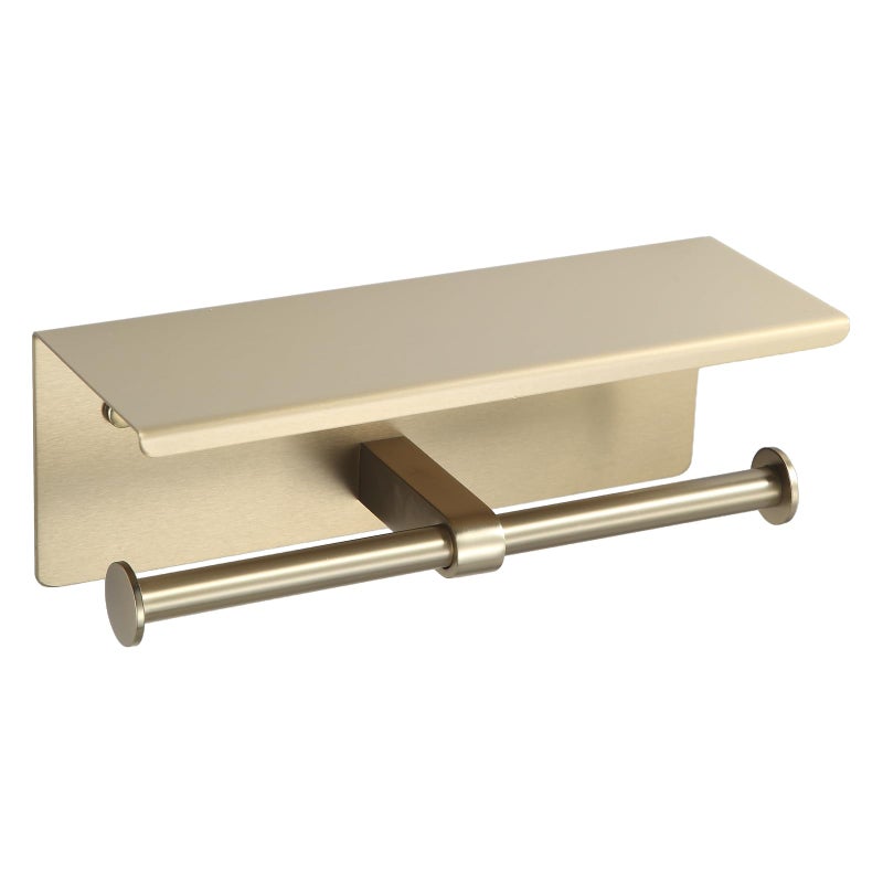 BGL Toilet Paper Holder with Shelf Matte Brushed Gold Double Head Toilet Tissue Roll Holder 304 Stainless Steel Wall Mount for Bathroom