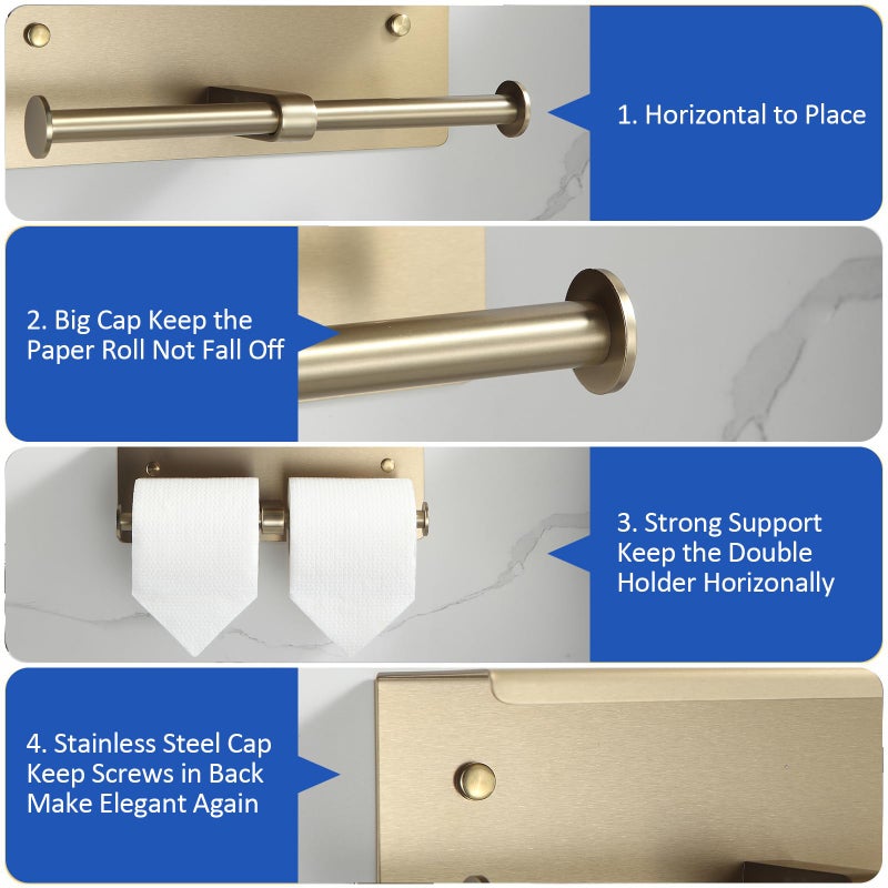 BGL Toilet Paper Holder with Shelf Matte Brushed Gold Double Head Toilet Tissue Roll Holder 304 Stainless Steel Wall Mount for Bathroom