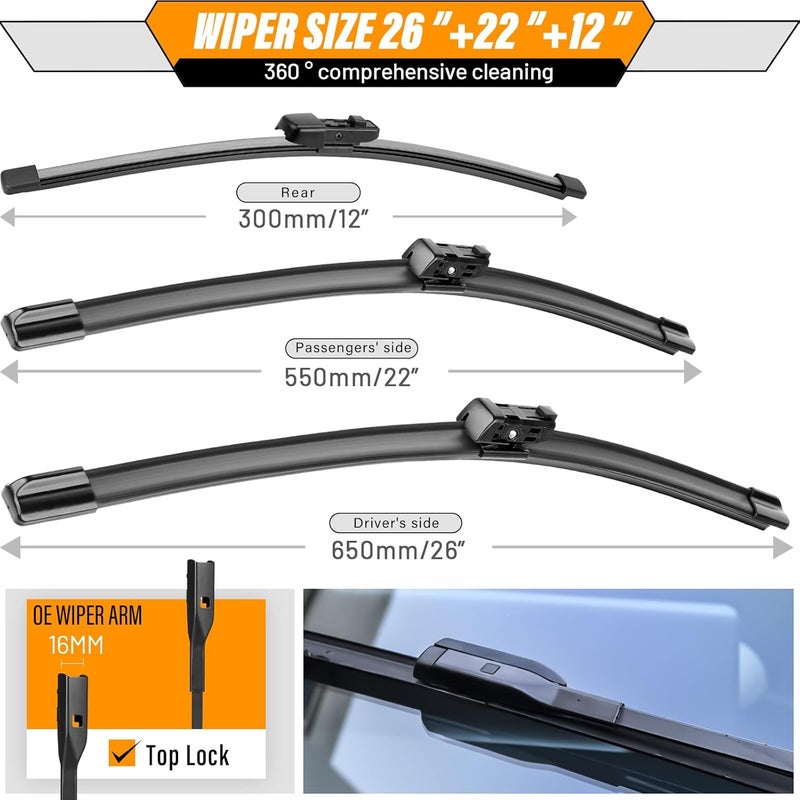 AUTOBOO OEM Windshield Wiper Blade Replacement for VW Volkswagen Atlas 2018 2019 2020 20221 2022 2023 2024 Original Equipment All-Season Rear Wiper Blade Set 26+22+12 (Set of 3) - Image 3
