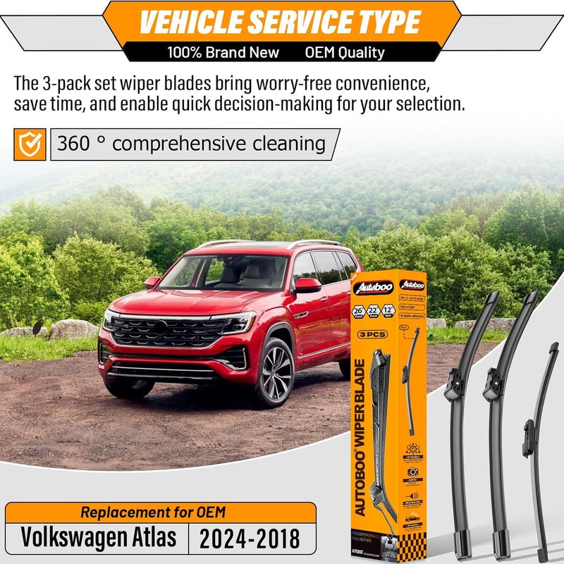 AUTOBOO OEM Windshield Wiper Blade Replacement for VW Volkswagen Atlas 2018 2019 2020 20221 2022 2023 2024 Original Equipment All-Season Rear Wiper Blade Set 26+22+12 (Set of 3) - Image 2