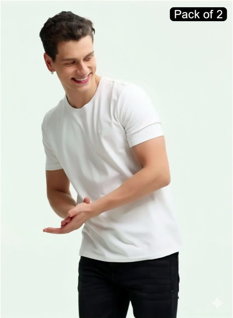 Code Yellow Pack of 2 Premium Cotton Round Neck T-Shirt 180 GSM Bio-Washed White Half Sleeve - Image 1