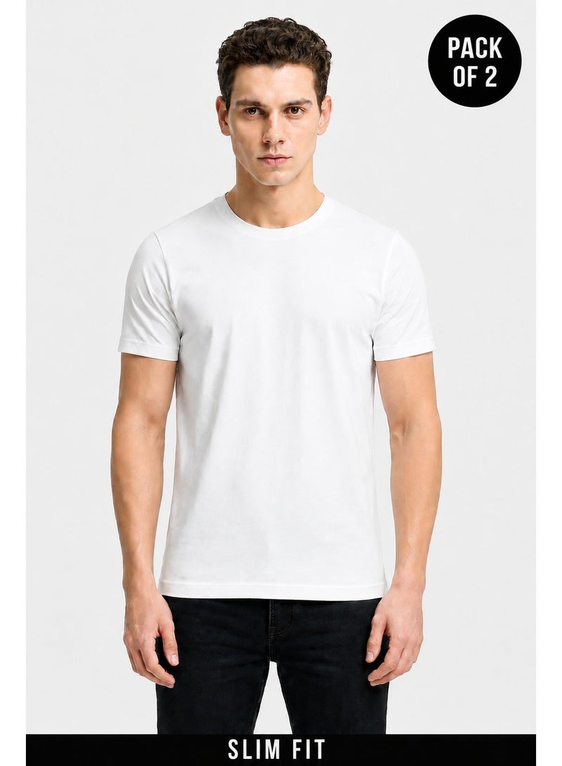 Code Yellow Pack of 2 Premium Cotton Round Neck T-Shirt 180 GSM Bio-Washed White Half Sleeve - Image 1