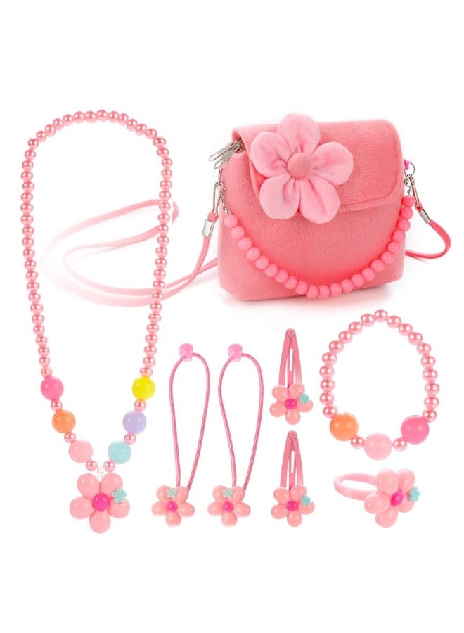 Hifot Kids Jewelry Little Girls Plush Handbag Necklace Bracelet Ring Hair Clips Set Jewelry Party Favors Gift for Dress up Pretend Play - Image 1