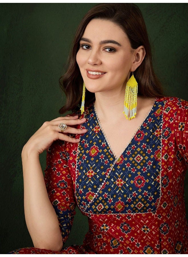 AKS Red & Navy patola print Kurta Set  - Image 2