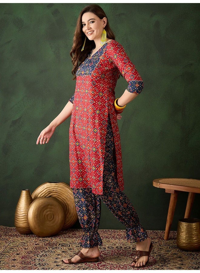 AKS Red & Navy patola print Kurta Set  - Image 5