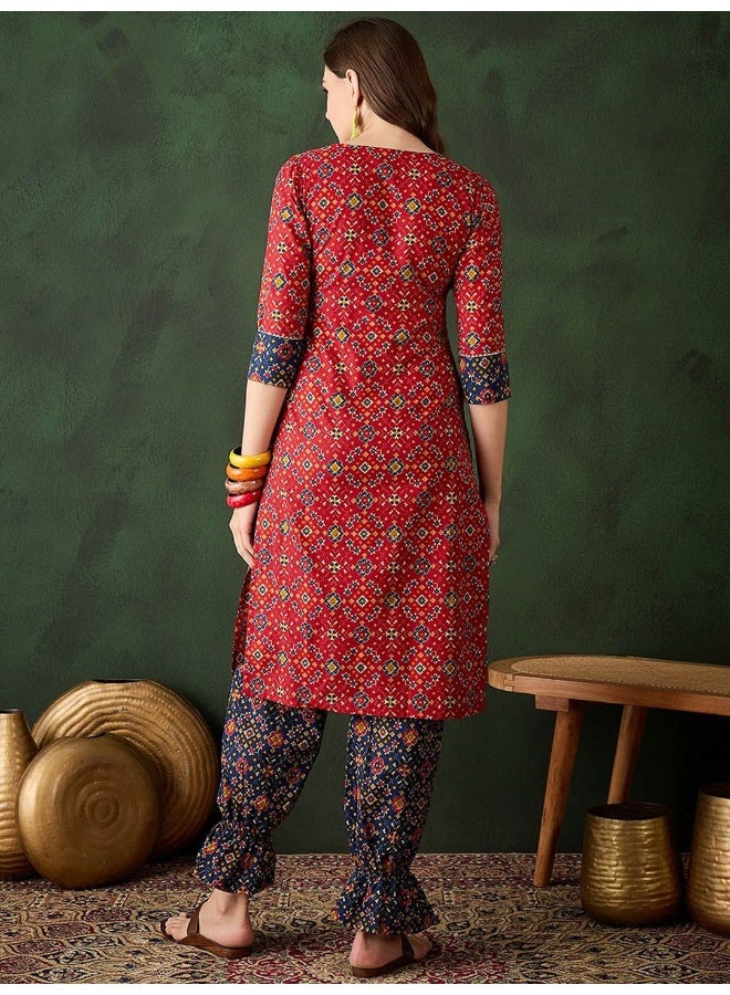 AKS Red & Navy patola print Kurta Set  - Image 4