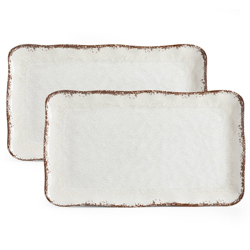 LEHAHA Farmhouse Large Serving Platters, 2 Piece Melamine Dinnerware Set, 17.5 x 10 Inches Vintage Serving Tray, Rectangle White Rustic Trays Set of 2 - Image 1