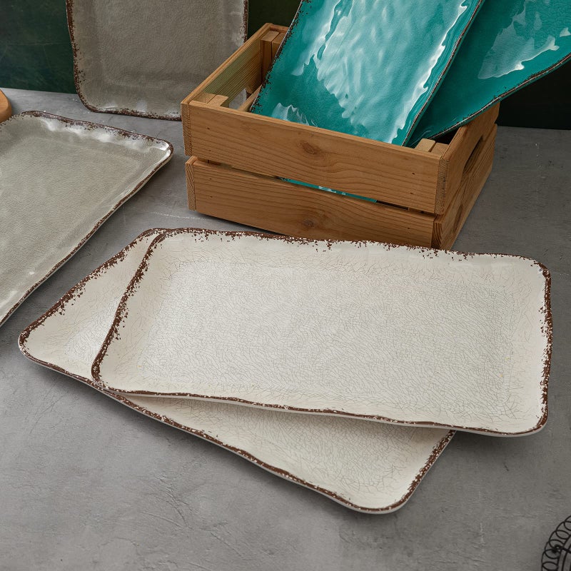 LEHAHA Farmhouse Large Serving Platters, 2 Piece Melamine Dinnerware Set, 17.5 x 10 Inches Vintage Serving Tray, Rectangle White Rustic Trays Set of 2 - Image 4