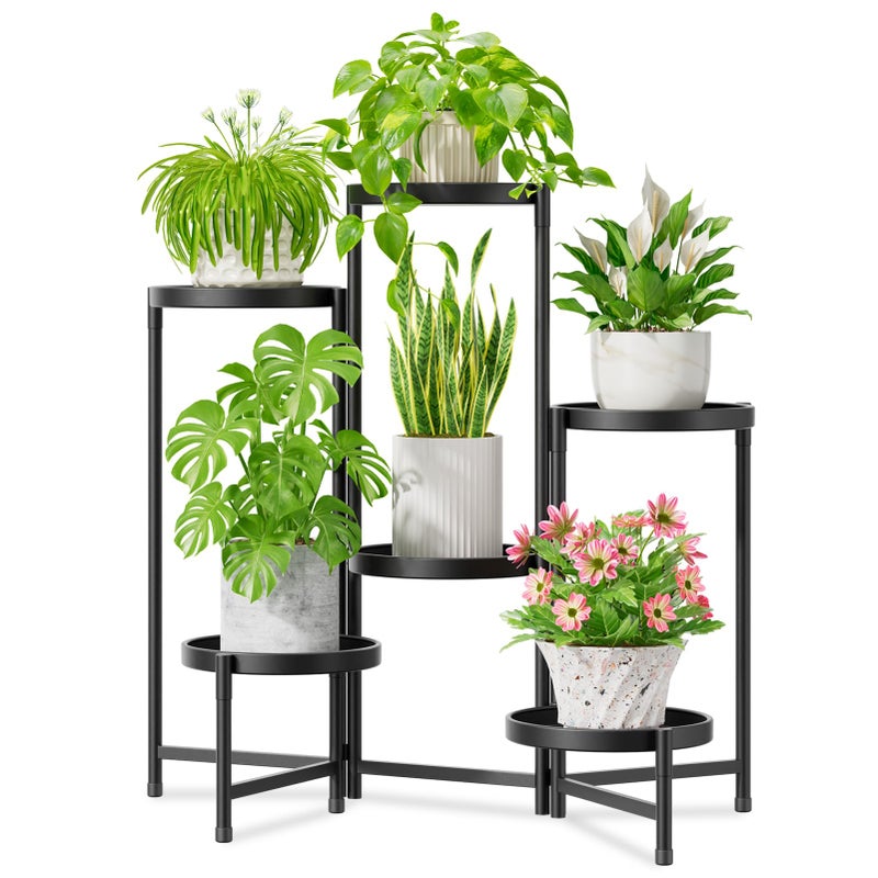 iDavosic.ly 6 Tier Large Plant Stand Indoor with 10 Inch Wide Tray, Tiered Corner Metal Outdoor Flower Display Holder Shelf, Folding Tall Rack for Patio Porch Living Room, Modern Black - Image 1