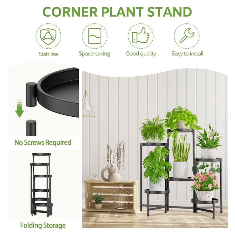 iDavosic.ly 6 Tier Large Plant Stand Indoor with 10 Inch Wide Tray, Tiered Corner Metal Outdoor Flower Display Holder Shelf, Folding Tall Rack for Patio Porch Living Room, Modern Black - Image 4