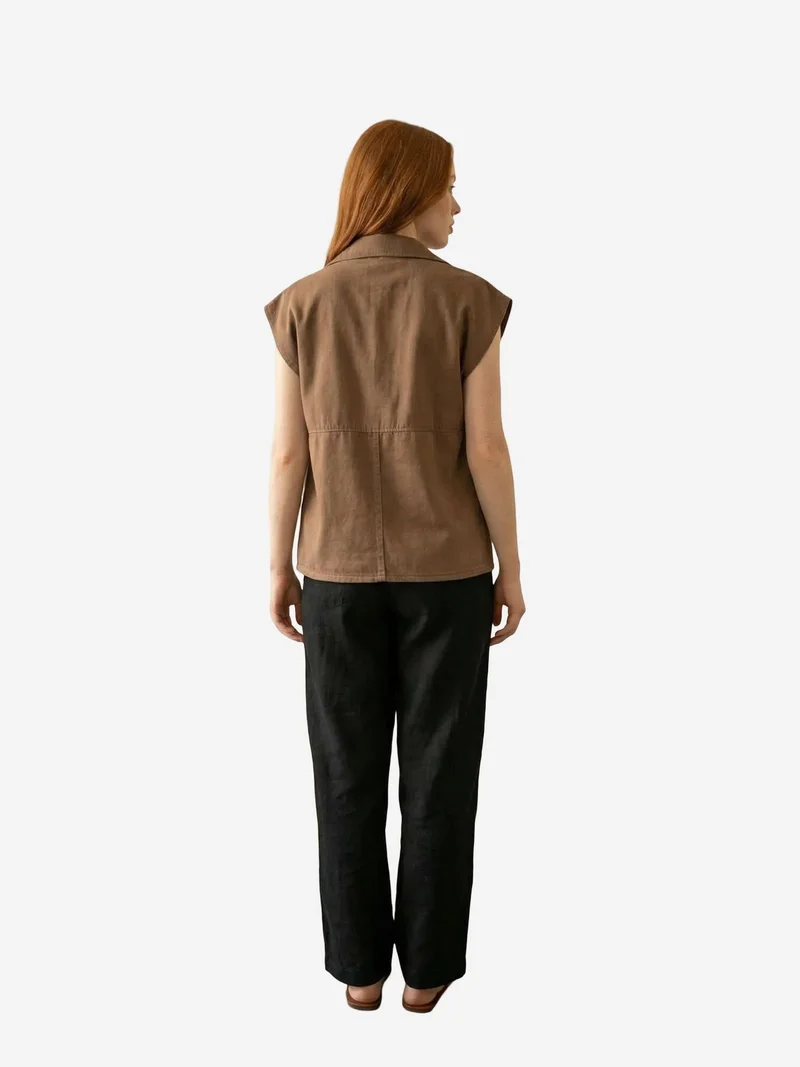 My Fashion Walnut Brown MY FASHION Cotton Waistcoat with Jacket Collar and Pocket for Women | Best Price UAE