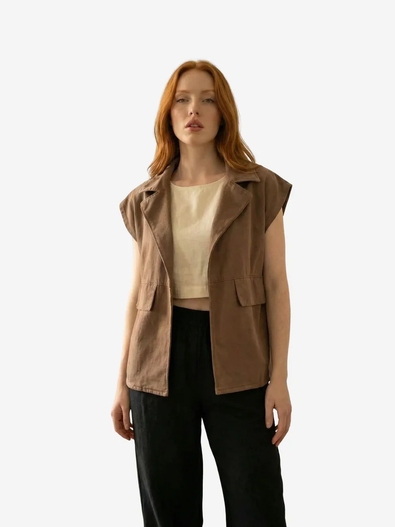 My Fashion Walnut Brown MY FASHION Cotton Waistcoat with Jacket Collar and Pocket for Women | Best Price UAE
