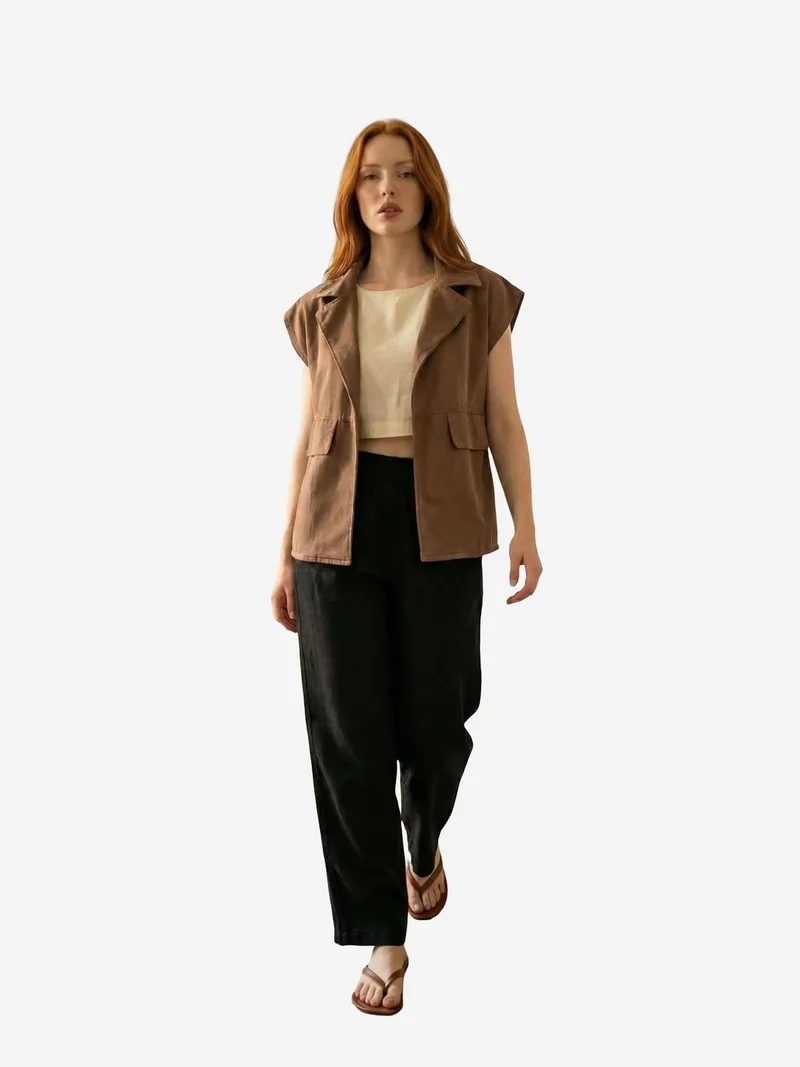 My Fashion Walnut Brown MY FASHION Cotton Waistcoat with Jacket Collar and Pocket for Women | Best Price UAE