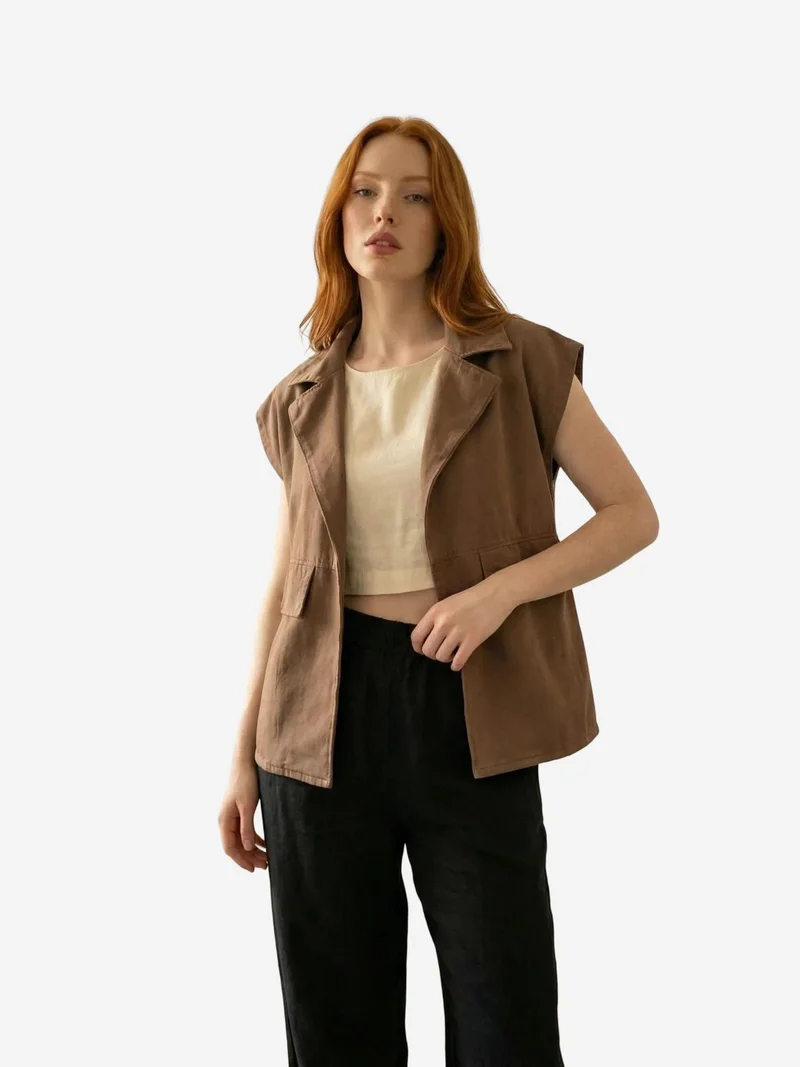 ماي فاشن MY FASHION Cotton Waistcoat with Jacket Collar and Pocket