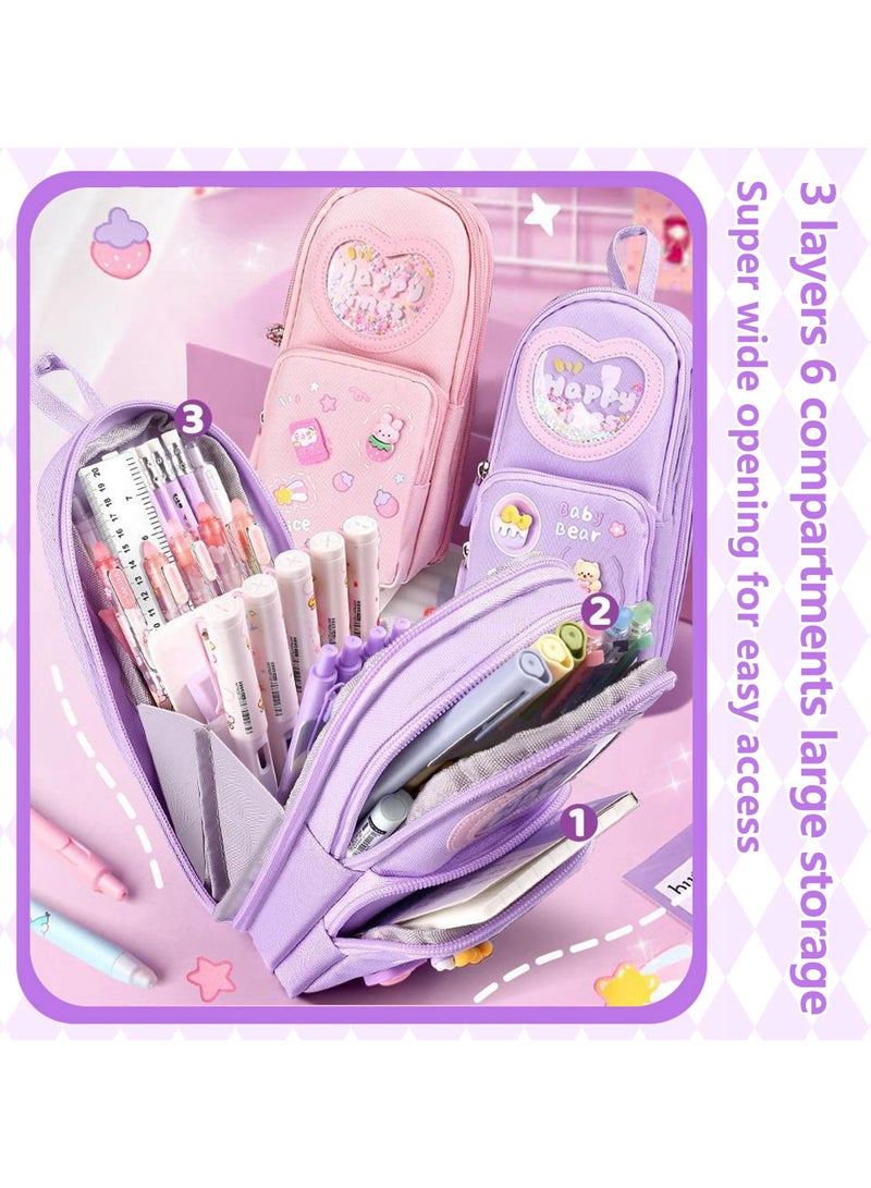مقلمة كبيرة السعة مع مقصورات للأطفال الصبيان والبنات، منظم أدوات مكتبية لطيف مع مقبض، مقلمة محمولة وحقيبة أقلام للمدرسة والمستلزمات المكتبية - Image 2