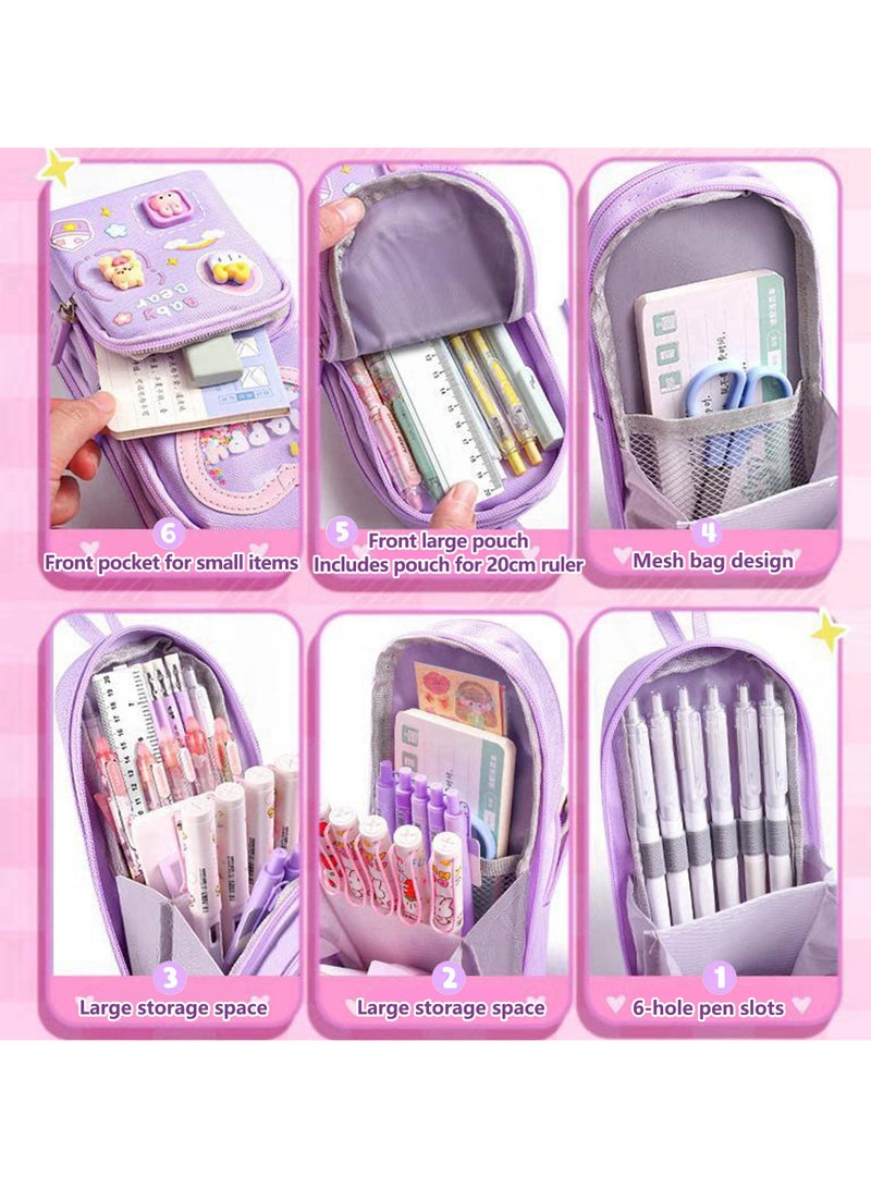 مقلمة كبيرة السعة مع مقصورات للأطفال الصبيان والبنات، منظم أدوات مكتبية لطيف مع مقبض، مقلمة محمولة وحقيبة أقلام للمدرسة والمستلزمات المكتبية - Image 3