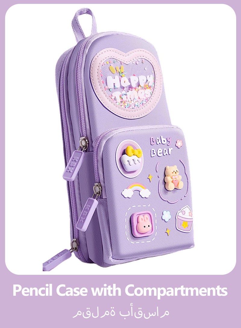 مقلمة كبيرة السعة مع مقصورات للأطفال الصبيان والبنات، منظم أدوات مكتبية لطيف مع مقبض، مقلمة محمولة وحقيبة أقلام للمدرسة والمستلزمات المكتبية - Image 1