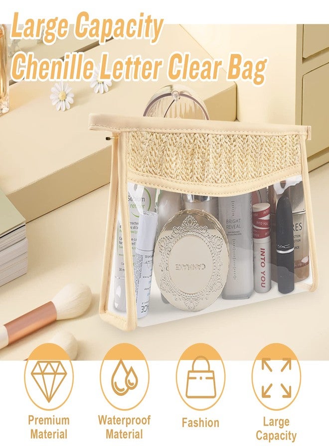 حقيبة مكياج شفافة مزينة بحروف، حقيبة مكياج مقاومة للماء بسحاب، حقيبة أدوات تجميل للنساء والفتيات، حقيبة مستحضرات تجميل شفافة مزينة بحروف منسوجة بشكل مجوف، حقيبة تنظيم شفافة للسفر (بيج) - Image 4