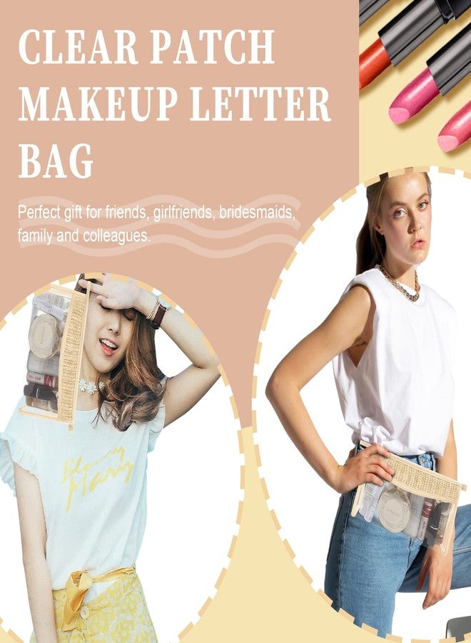 حقيبة مكياج شفافة مزينة بحروف، حقيبة مكياج مقاومة للماء بسحاب، حقيبة أدوات تجميل للنساء والفتيات، حقيبة مستحضرات تجميل شفافة مزينة بحروف منسوجة بشكل مجوف، حقيبة تنظيم شفافة للسفر (بيج) - Image 5