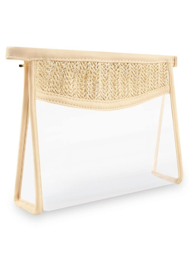 حقيبة مكياج شفافة مزينة بحروف، حقيبة مكياج مقاومة للماء بسحاب، حقيبة أدوات تجميل للنساء والفتيات، حقيبة مستحضرات تجميل شفافة مزينة بحروف منسوجة بشكل مجوف، حقيبة تنظيم شفافة للسفر (بيج) - Image 1