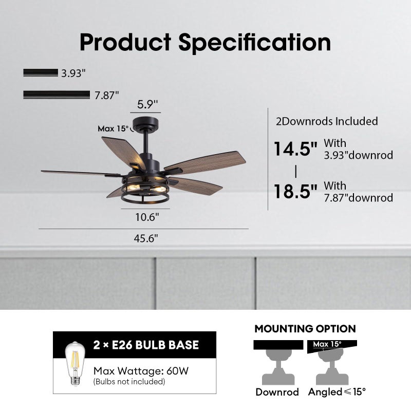 LuminFan 46 Inch Ceiling Fans with Lights and Remote Control, Farmhouse Ceiling Fan for Bedroom Living Room and Patio, Black Caged Ceiling Fan for Indoor and Outdoor - Image 2