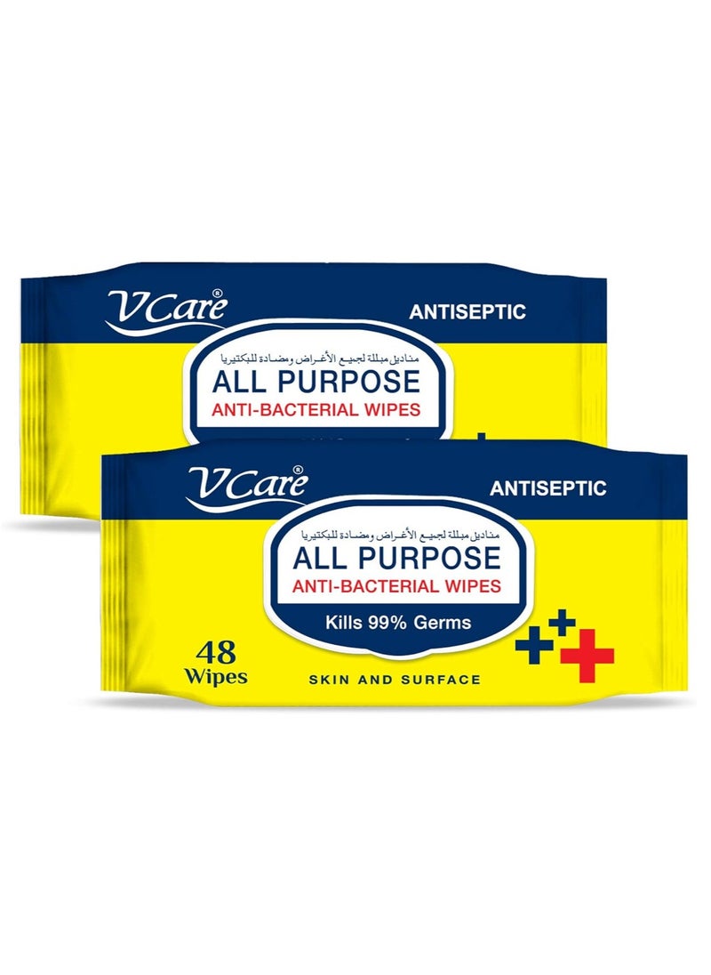VCare All Purpose Anti Bacterial Wipes 2 x 48 Wipes  - Image 1
