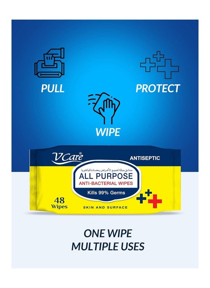 VCare All Purpose Anti Bacterial Wipes 2 x 48 Wipes  - Image 3