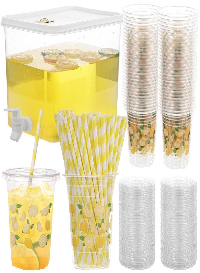 Foxtell Lemonade Stand Supplies Include 8.5L Plastic Drink Dispenser with Spigot 50 Sets Lemonade Cups with Lids and Paper Straws,17oz Disposable Iced Coffee Plastic Cup for Water Juice - Image 1