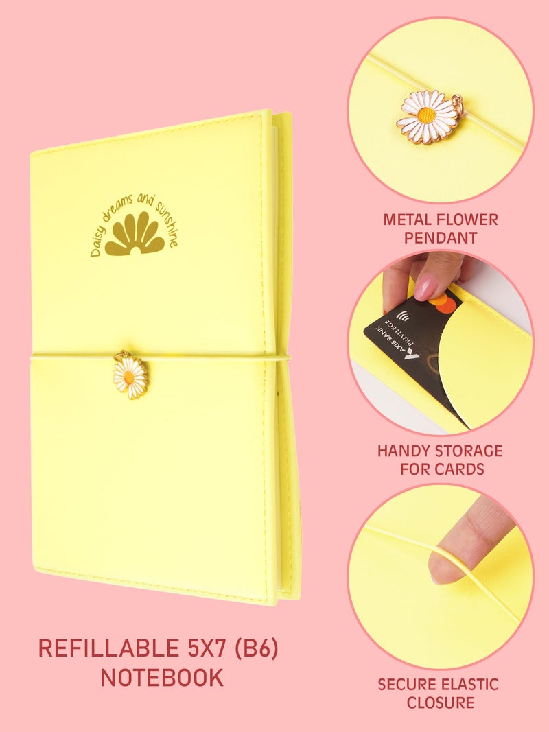 DOODLE Refillable Journal with Elastic Band Closure, Flower Pendant and Card Storage | Ultra Soft PU Leather Jacket | B6, 160 Pages Notebook - Daisy Bloom - Image 2