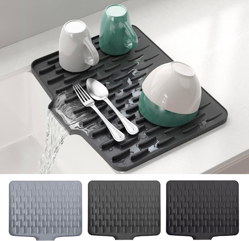 CHIKILLA Silicone Dish Drying Mat for Kitchen Counter, Fast Drainage Design for Vegetables Fruits, Heat Resistant, Non-Slip , Dishwasher Safe – 15.7x13 inch Graphite Gray - Image 1