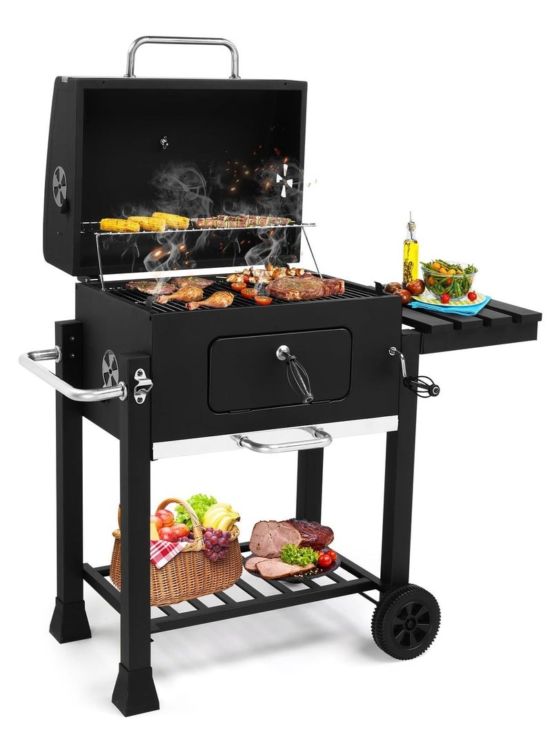 والالا شواية فحم للشواء في الهواء الطلق مع طاولتين جانبيتين قابلتين للطي، 8 خطافات، رف تخزين، عجلتين، تحكم في اللهب، شواية طهي شديدة التحمل لحفلات النزهة والتخييم والفناء الخلفي - Image 1