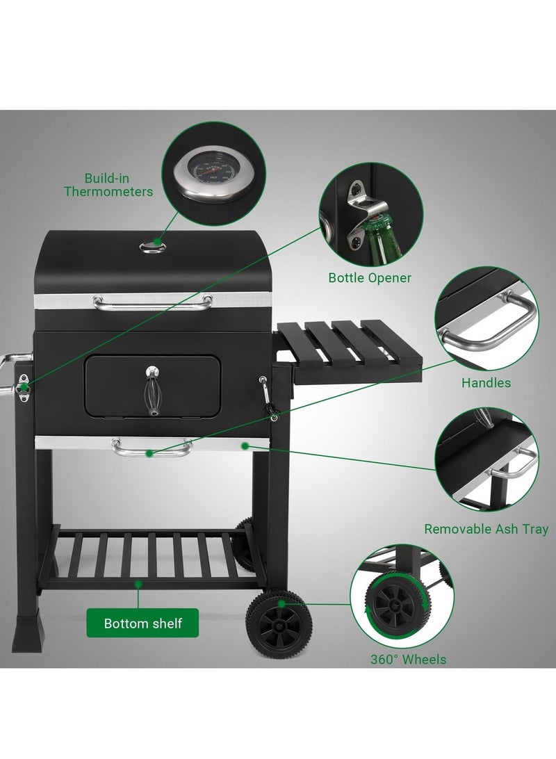 والالا شواية فحم للشواء في الهواء الطلق مع طاولتين جانبيتين قابلتين للطي، 8 خطافات، رف تخزين، عجلتين، تحكم في اللهب، شواية طهي شديدة التحمل لحفلات النزهة والتخييم والفناء الخلفي - Image 3