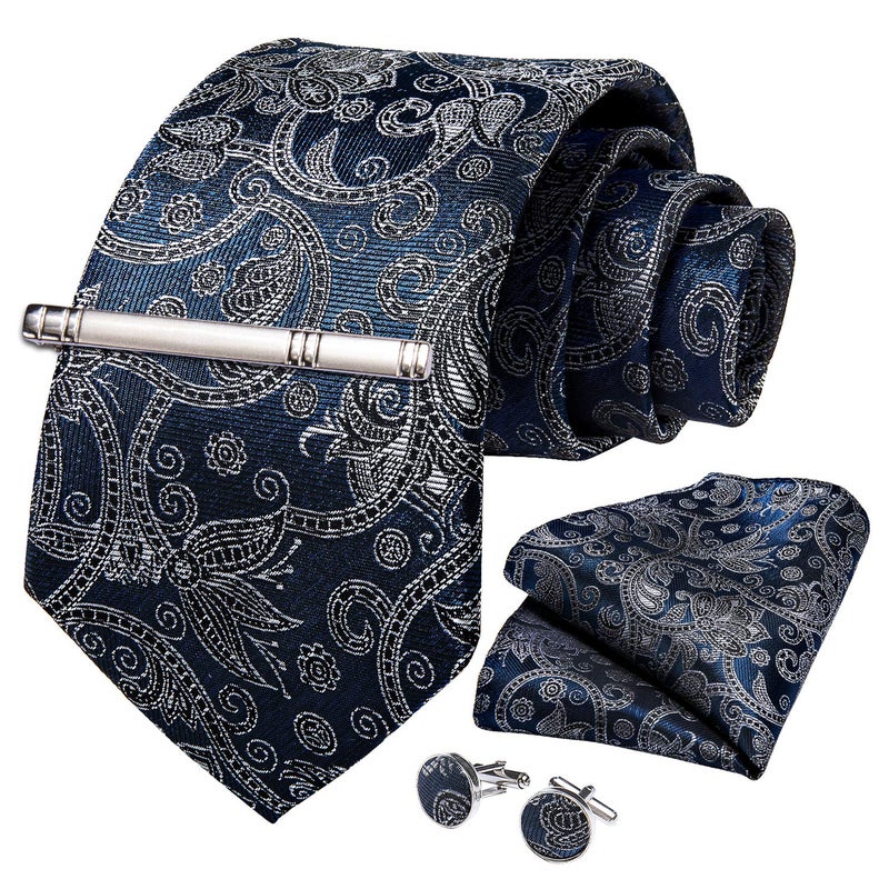 DiBanGu Paisley Ties for Men Silk Necktie and Pocket Square Cufflinks Tie Clip Set Woven Classic Mens Tie for Wedding Party, Navy Blue and Silver - Image 3