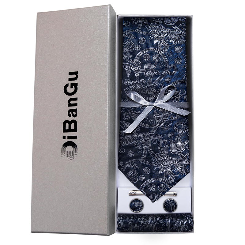 DiBanGu Paisley Ties for Men Silk Necktie and Pocket Square Cufflinks Tie Clip Set Woven Classic Mens Tie for Wedding Party, Navy Blue and Silver - Image 4