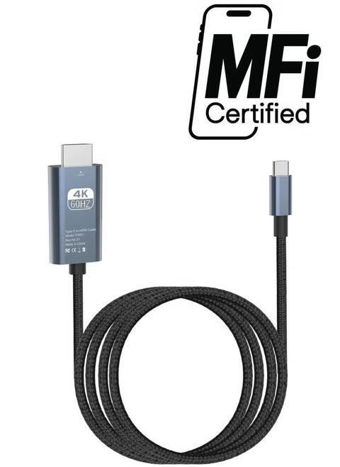 [Apple MFi Certified]  USB C to HDMI Cable 4K 60Hz[Anti-Interference, Gold-Plated Plugs] Aluminum HDR Type-C to HDMI 2.0 Cord, Thunderbolt 3/4/5 Compatible for iPhone 15/16 Series, MacBook, iMac, iPad Pro, Galaxy