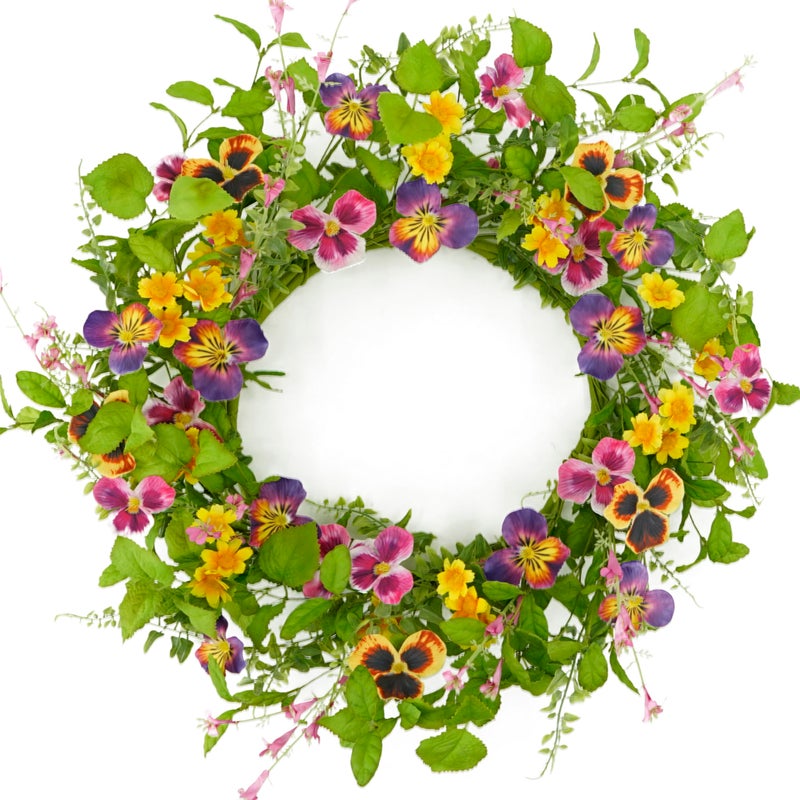 AMF0RESJ Artificial 20" Spring Summer Wreath with Pansy Flower,Yellow Daisy,Rose Leaf,Eucalyptus Leaf,Fern Branch for Front Door Indoor Outdoor Farmhouse Wall Window Festival Wedding Decor,Gift Box Included - Image 1