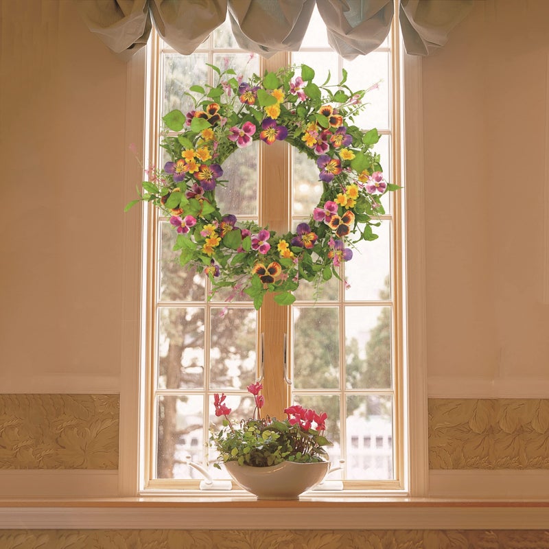 AMF0RESJ Artificial 20" Spring Summer Wreath with Pansy Flower,Yellow Daisy,Rose Leaf,Eucalyptus Leaf,Fern Branch for Front Door Indoor Outdoor Farmhouse Wall Window Festival Wedding Decor,Gift Box Included - Image 5
