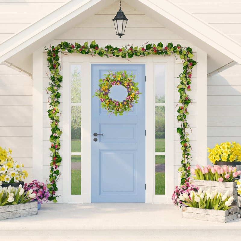 AMF0RESJ Artificial 20" Spring Summer Wreath with Pansy Flower,Yellow Daisy,Rose Leaf,Eucalyptus Leaf,Fern Branch for Front Door Indoor Outdoor Farmhouse Wall Window Festival Wedding Decor,Gift Box Included - Image 2