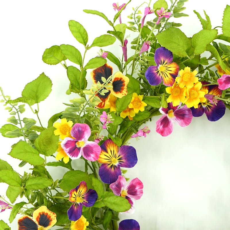 AMF0RESJ Artificial 20" Spring Summer Wreath with Pansy Flower,Yellow Daisy,Rose Leaf,Eucalyptus Leaf,Fern Branch for Front Door Indoor Outdoor Farmhouse Wall Window Festival Wedding Decor,Gift Box Included - Image 4