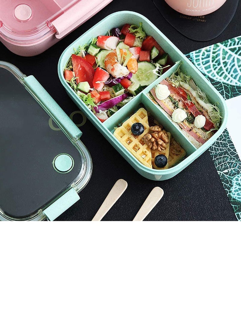 SYOSI Bento Lunch Boxes, 3 Compartment Bento Box with Fork and Spoon, Leak Proof Bento Box Microwave Safe, Wheat Straw Bento Lunch Containers BPA Free, Bento Box for Kids Adults (Green)  - Image 4
