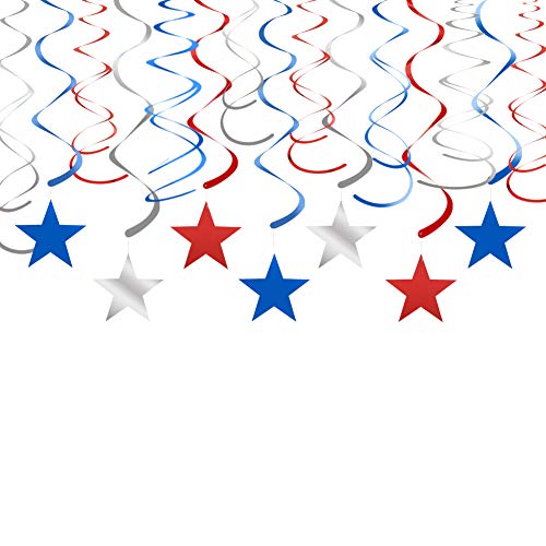 Adeer 30 Pack Patriotic Star Swirl Decorations, Red Blue Silver Foil Streamers for Ceiling, 4th of July Independence Day Graduation Party Supplies - Image 1