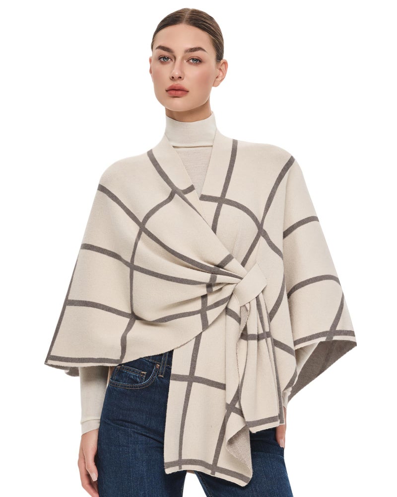 PULI Women's Shawl Wraps Poncho Ruana Cape Open Front Cardigan Sweater Evening Dress for Fall Winter Cream - Image 1