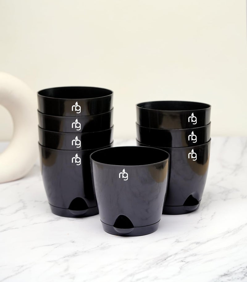 Nurturing Green® Combo of 8 Self Watering Flower Pots for Plants | Plastic Plant Pots | Planter Pots for Home, Indoor Living Room,Garden (Color: Black, Size: 11.5cm x 11cm Each) - Image 1