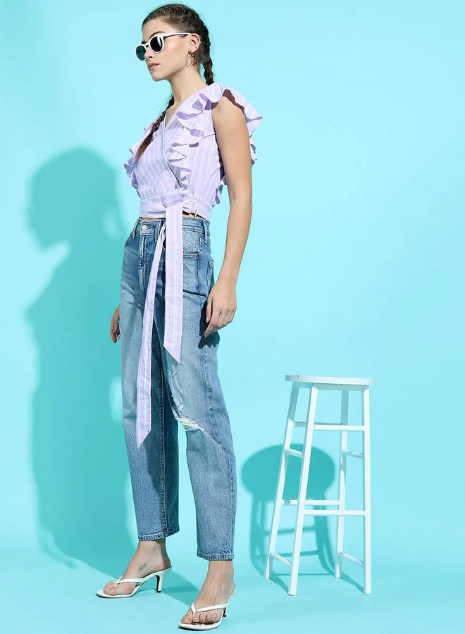 Tokyo Talkies Striped Ruffle Detail Wrap Crop Top by Styli