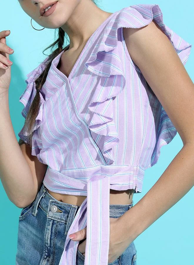 Tokyo Talkies Striped Ruffle Detail Wrap Crop Top by Styli