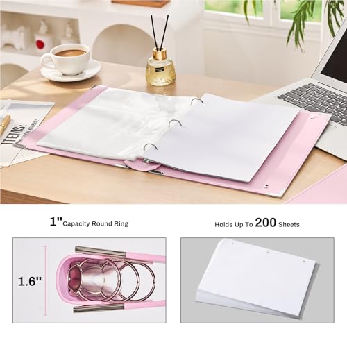Ovesmusl PU Leather 3 Ring Binder Fits 8.5"x11" Letter Size Paper, 1 Inch Round Ring Binder Holds 200 Sheets, Notepad Paper Cover Loose Leaf Organizer for School, Pink - Image 4