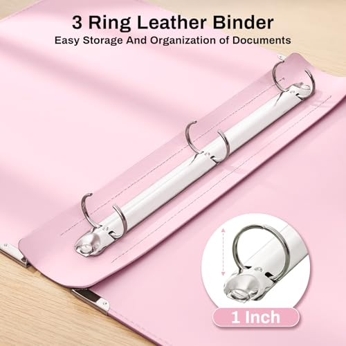 Ovesmusl PU Leather 3 Ring Binder Fits 8.5"x11" Letter Size Paper, 1 Inch Round Ring Binder Holds 200 Sheets, Notepad Paper Cover Loose Leaf Organizer for School, Pink - Image 3